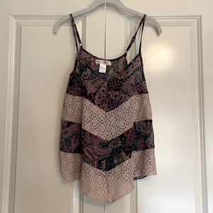 Paisley print chiffon and crochet detail strappy tank